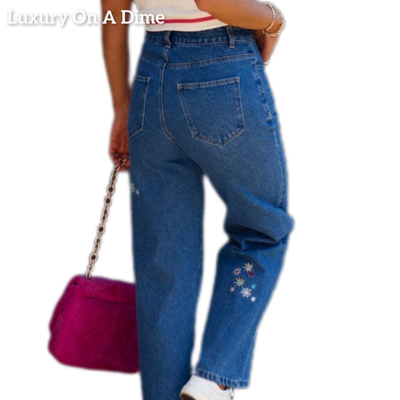 Retro High-Rise Embroidered Daisy Flower Straight Leg Hippie Cotton Denim Jeans - Picture 7 of 16